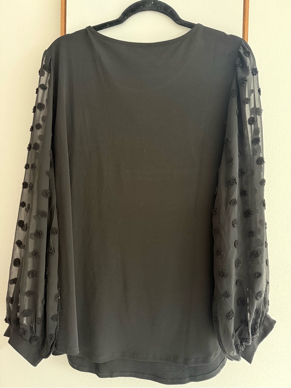 Adrianna Papell Black Blouse with Sheer Dotted Balloon Sleeves - Picture 2 of 5